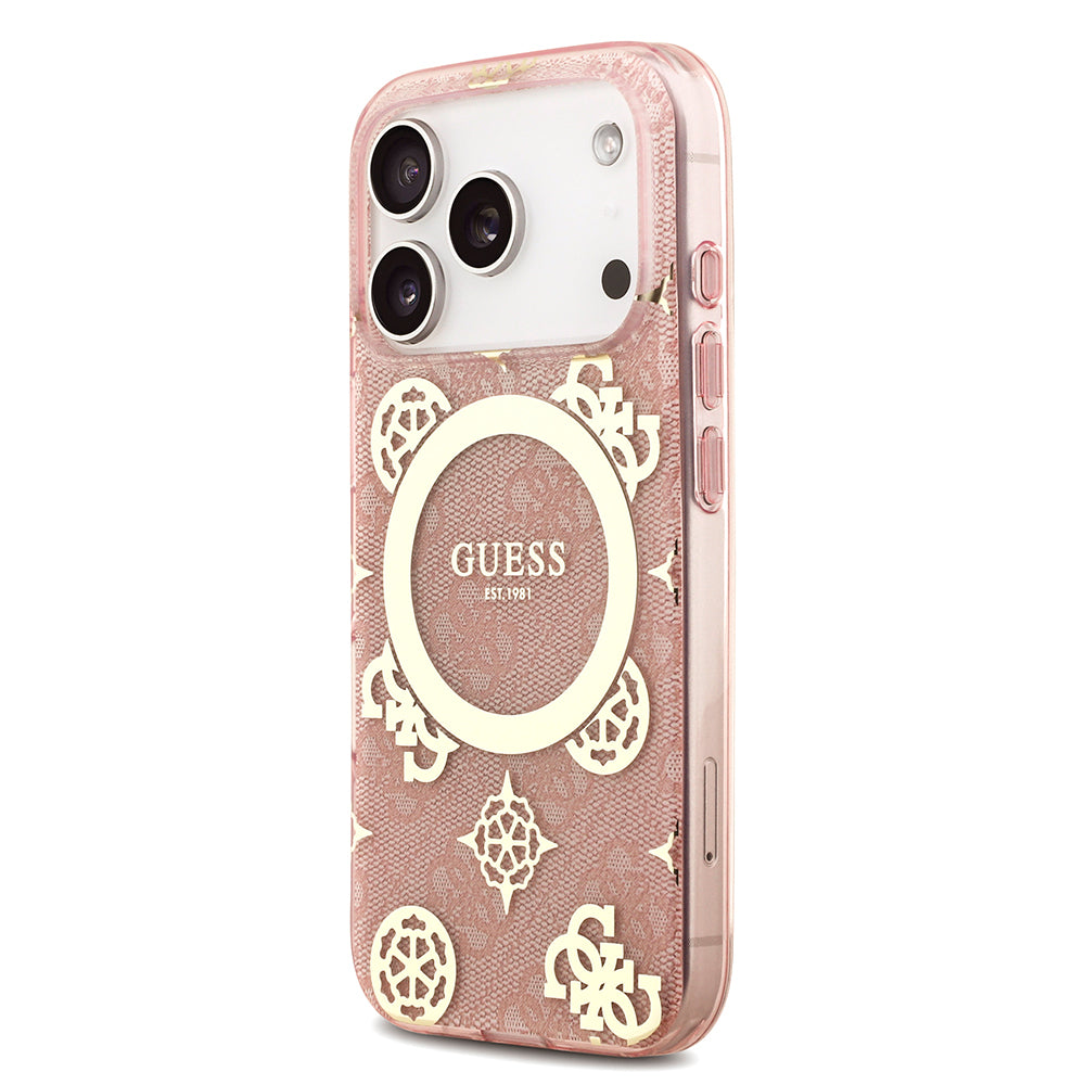Apple iPhone 18 Pro Max Kılıf Guess Orjinal Lisanslı M-safe Şarj Özellikli IML Peony ve 4G Desenli Klasik Logolu Kapak Pembe