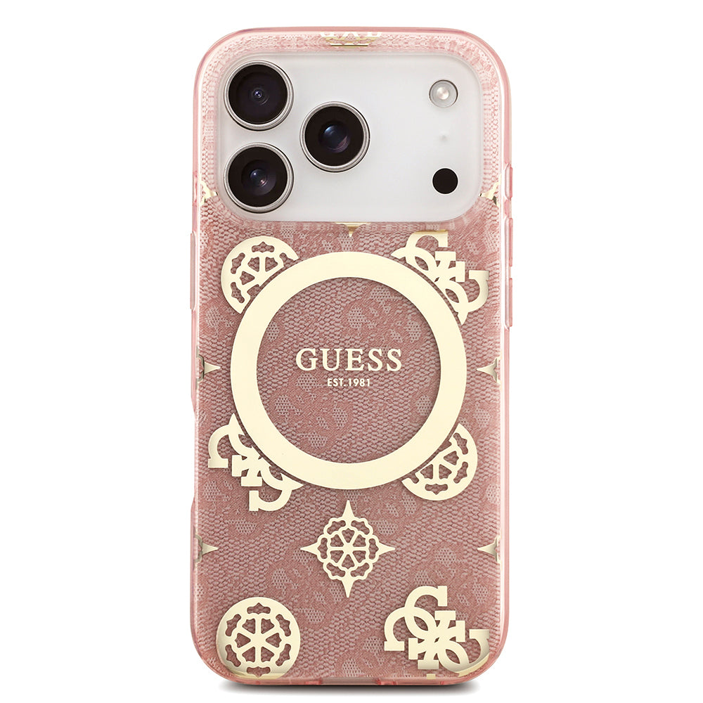 Apple iPhone 18 Pro Max Kılıf Guess Orjinal Lisanslı M-safe Şarj Özellikli IML Peony ve 4G Desenli Klasik Logolu Kapak Pembe