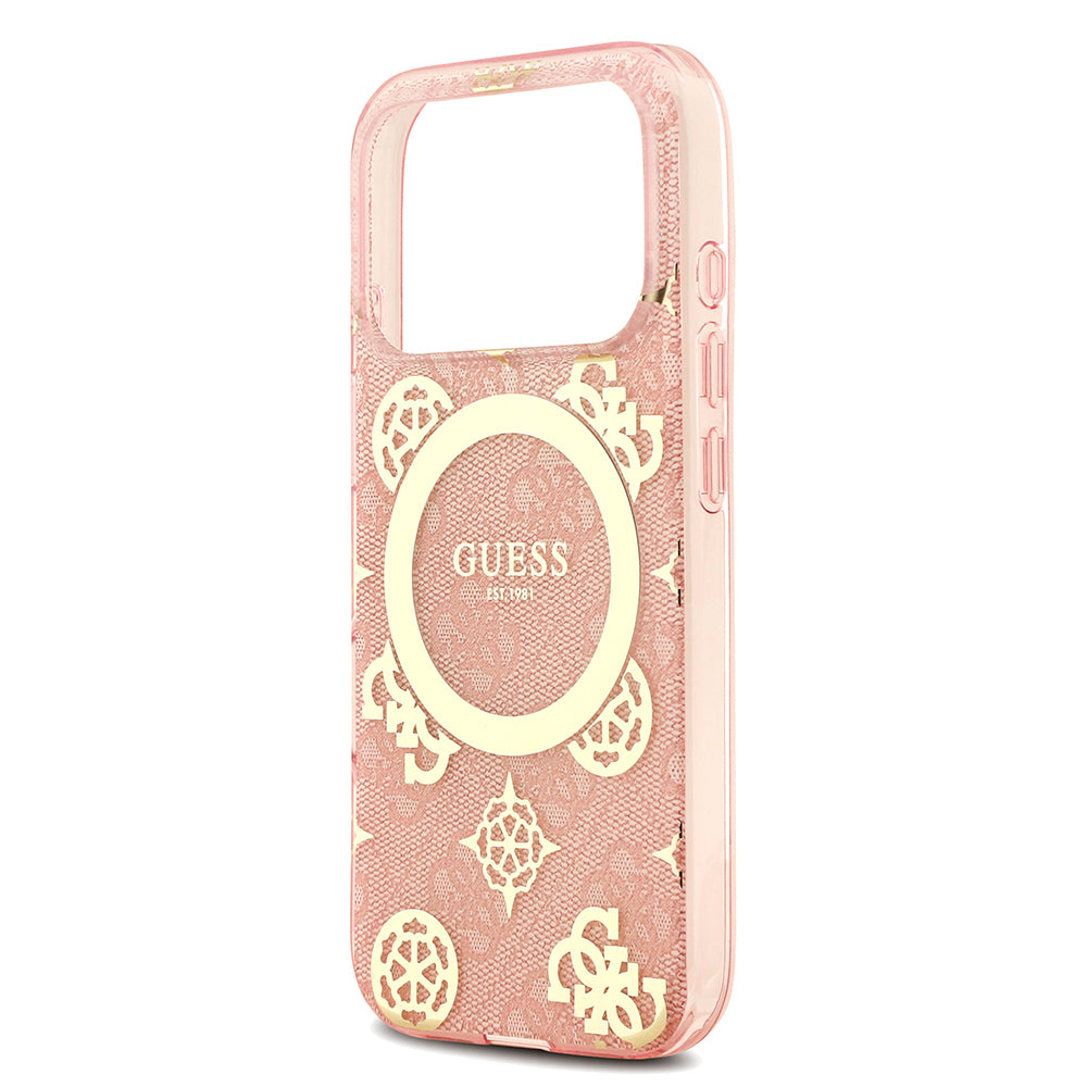 Apple iPhone 18 Pro Max Kılıf Guess Orjinal Lisanslı M-safe Şarj Özellikli IML Peony ve 4G Desenli Klasik Logolu Kapak Pembe