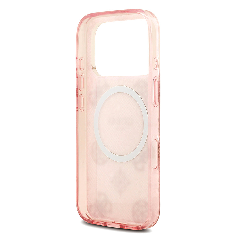 Apple iPhone 18 Pro Max Kılıf Guess Orjinal Lisanslı M-safe Şarj Özellikli IML Peony ve 4G Desenli Klasik Logolu Kapak Pembe
