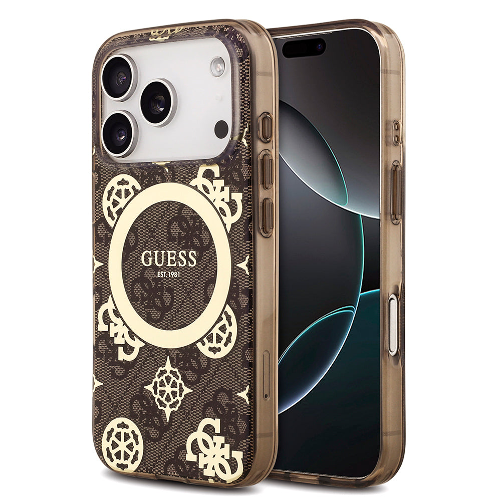 Apple iPhone 18 Pro Max Kılıf Guess Orjinal Lisanslı M-safe Şarj Özellikli IML Peony ve 4G Desenli Klasik Logolu Kapak Kahverengi