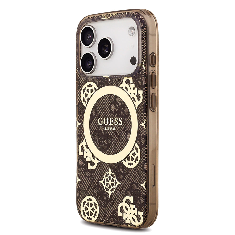 Apple iPhone 18 Pro Max Kılıf Guess Orjinal Lisanslı M-safe Şarj Özellikli IML Peony ve 4G Desenli Klasik Logolu Kapak Kahverengi
