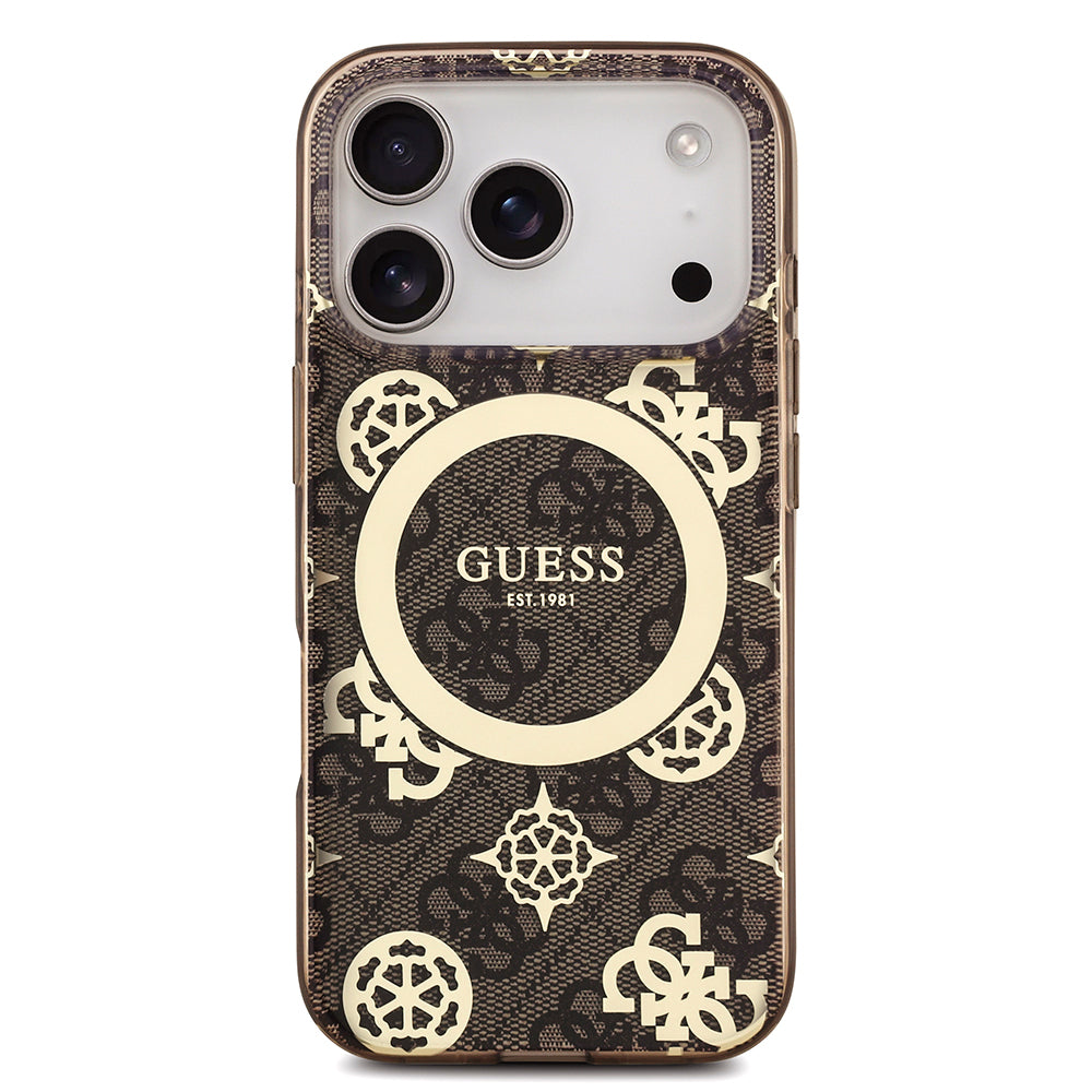 Apple iPhone 18 Pro Max Kılıf Guess Orjinal Lisanslı M-safe Şarj Özellikli IML Peony ve 4G Desenli Klasik Logolu Kapak Kahverengi