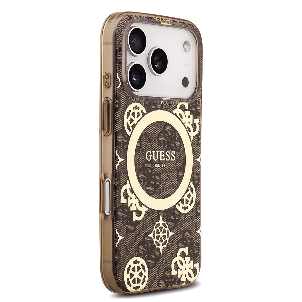 Apple iPhone 18 Pro Max Kılıf Guess Orjinal Lisanslı M-safe Şarj Özellikli IML Peony ve 4G Desenli Klasik Logolu Kapak Kahverengi