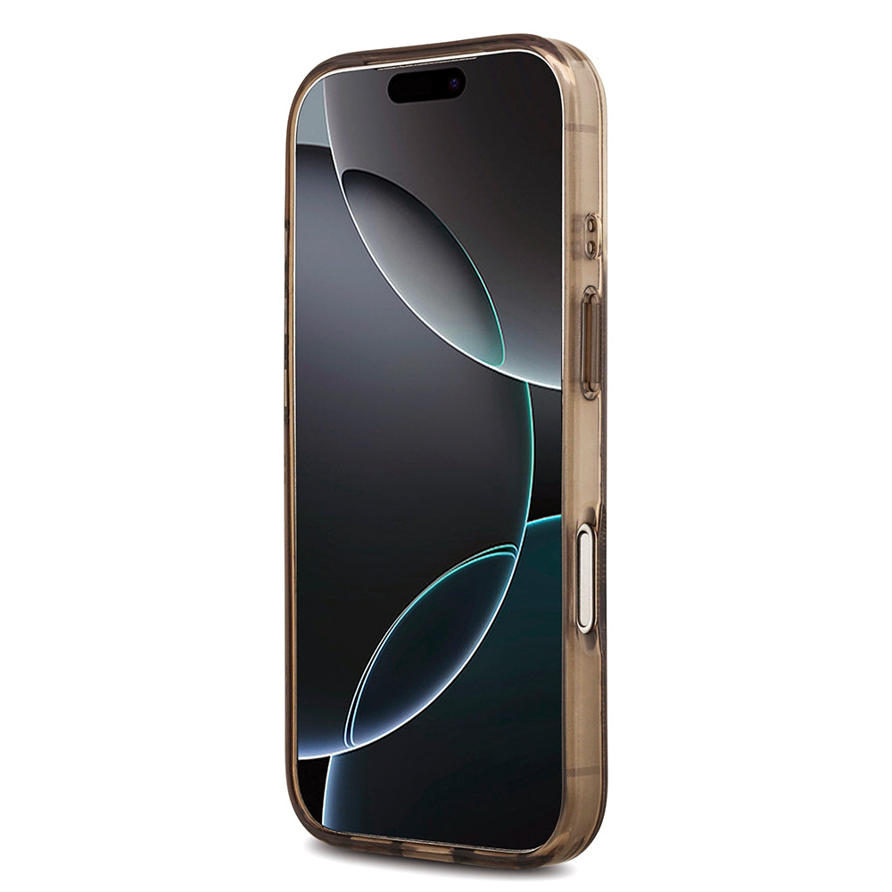 Apple iPhone 18 Pro Max Kılıf Guess Orjinal Lisanslı M-safe Şarj Özellikli IML Peony ve 4G Desenli Klasik Logolu Kapak Kahverengi