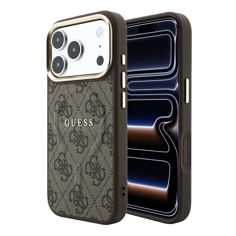 Apple iPhone 18 Pro Max Kılıf Guess Orjinal Lisanslı M-safe Şarj Özellikli Metal Kamera Çerçeveli C-Magnet 4G Desenli Yazı Logolu Kapak Kahverengi