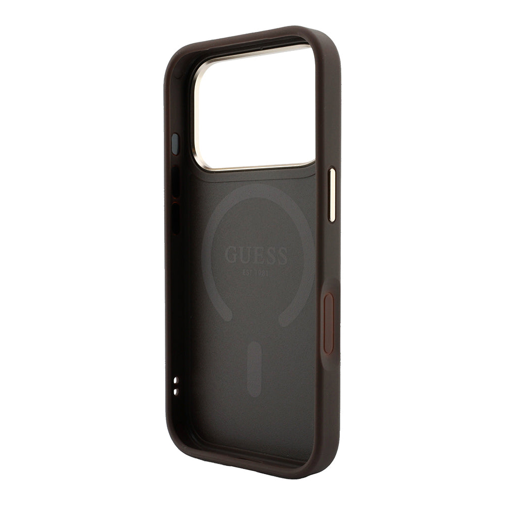 Apple iPhone 18 Pro Max Kılıf Guess Orjinal Lisanslı M-safe Şarj Özellikli Metal Kamera Çerçeveli C-Magnet 4G Desenli Yazı Logolu Kapak Kahverengi