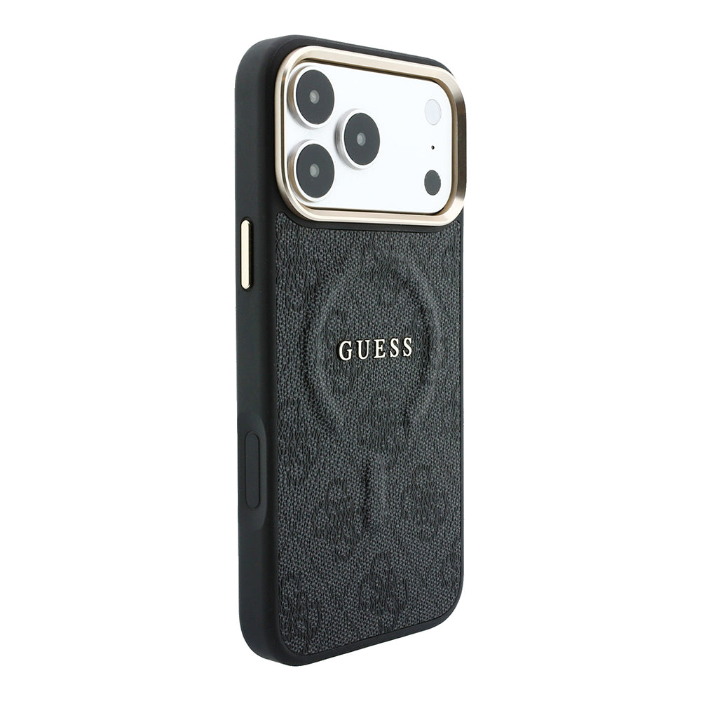 Apple iPhone 18 Pro Max Kılıf Guess Orjinal Lisanslı M-safe Şarj Özellikli Metal Kamera Çerçeveli C-Magnet 4G Desenli Yazı Logolu Kapak Siyah