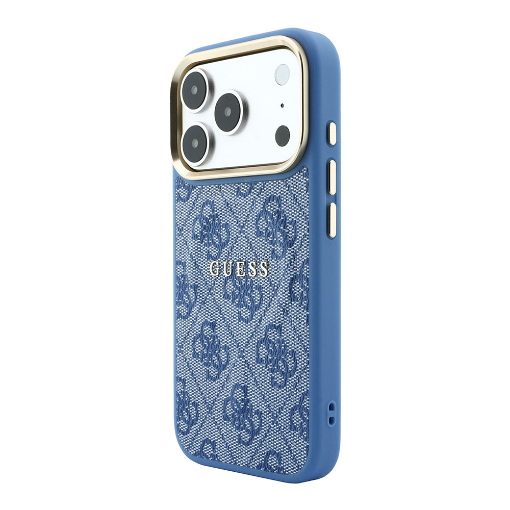 Apple iPhone 18 Pro Max Kılıf Guess Orjinal Lisanslı M-safe Şarj Özellikli Metal Kamera Çerçeveli C-Magnet 4G Desenli Yazı Logolu Kapak Mavi