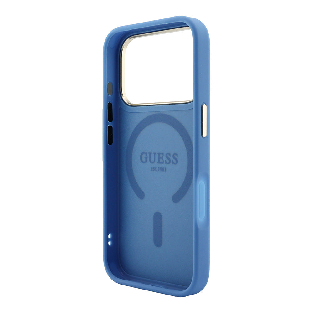 Apple iPhone 18 Pro Max Kılıf Guess Orjinal Lisanslı M-safe Şarj Özellikli Metal Kamera Çerçeveli C-Magnet 4G Desenli Yazı Logolu Kapak Mavi