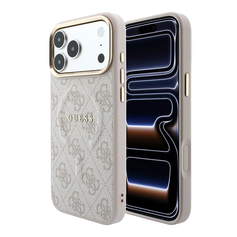 Apple iPhone 18 Pro Max Kılıf Guess Orjinal Lisanslı M-safe Şarj Özellikli Metal Kamera Çerçeveli C-Magnet 4G Desenli Yazı Logolu Kapak Pembe