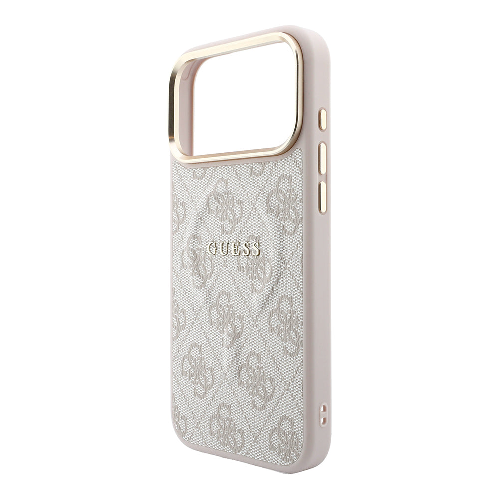 Apple iPhone 18 Pro Max Kılıf Guess Orjinal Lisanslı M-safe Şarj Özellikli Metal Kamera Çerçeveli C-Magnet 4G Desenli Yazı Logolu Kapak Pembe