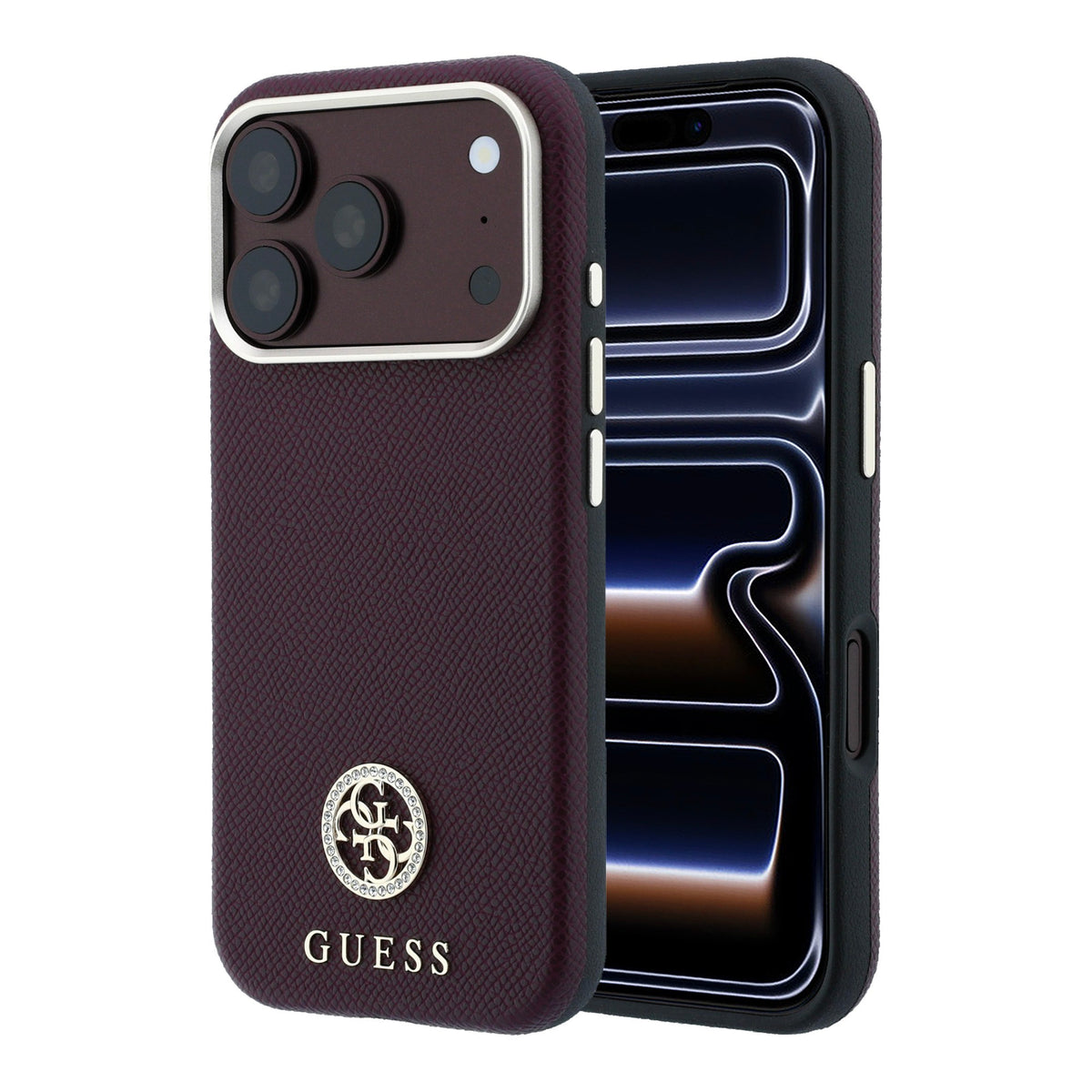 Apple iPhone 18 Pro Max Kılıf Guess Orjinal Lisanslı M-safe Şarj Özellikli PU Taşlı Metal 4G ve Yazı Logolu Kapak Bordo