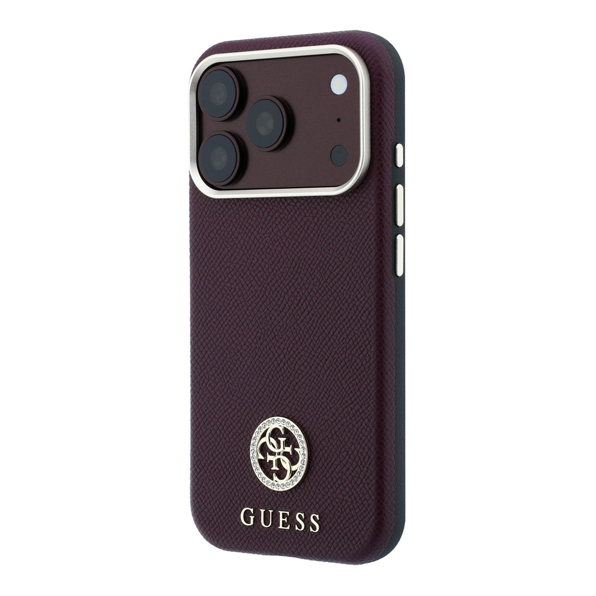 Apple iPhone 18 Pro Max Kılıf Guess Orjinal Lisanslı M-safe Şarj Özellikli PU Taşlı Metal 4G ve Yazı Logolu Kapak Bordo