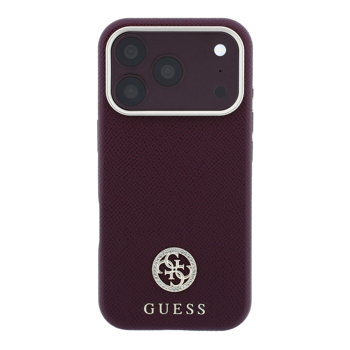 Apple iPhone 18 Pro Max Kılıf Guess Orjinal Lisanslı M-safe Şarj Özellikli PU Taşlı Metal 4G ve Yazı Logolu Kapak Bordo