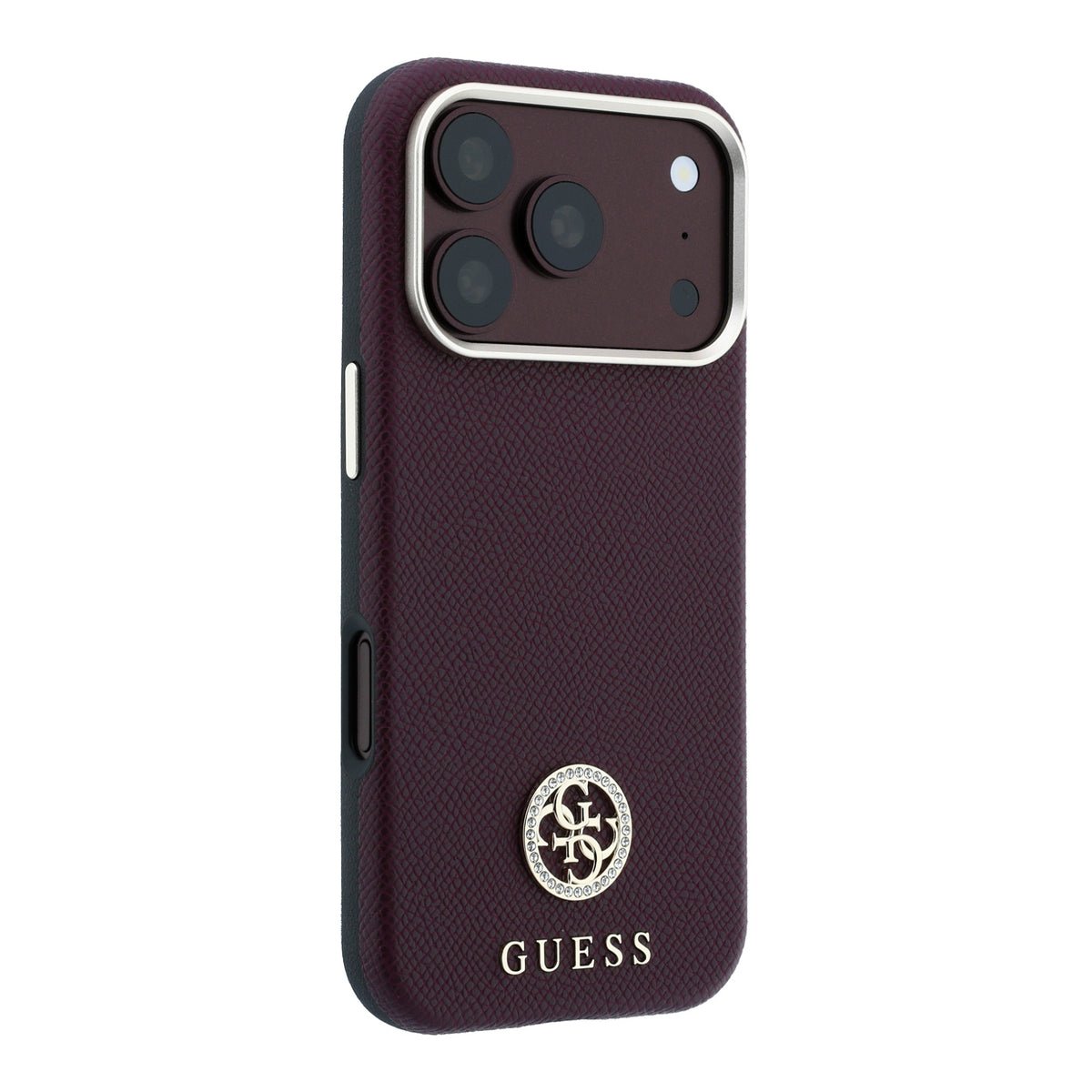 Apple iPhone 18 Pro Max Kılıf Guess Orjinal Lisanslı M-safe Şarj Özellikli PU Taşlı Metal 4G ve Yazı Logolu Kapak Bordo
