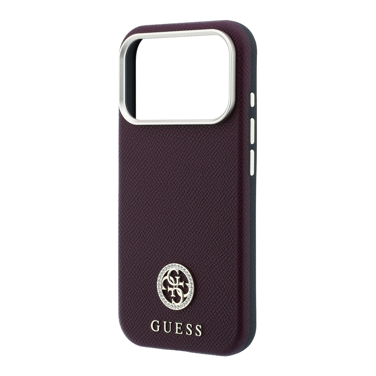 Apple iPhone 18 Pro Max Kılıf Guess Orjinal Lisanslı M-safe Şarj Özellikli PU Taşlı Metal 4G ve Yazı Logolu Kapak Bordo