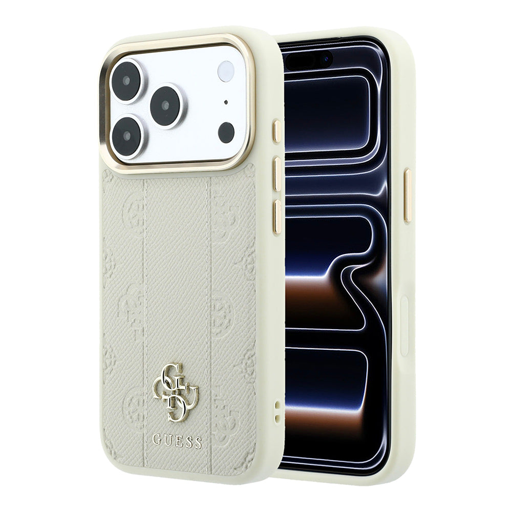Apple iPhone 18 Pro Max Kılıf Guess Orjinal Lisanslı M-safe Şarj Özellikli Şeritli Peony 4G ve Yazı Logolu Kapak Bej