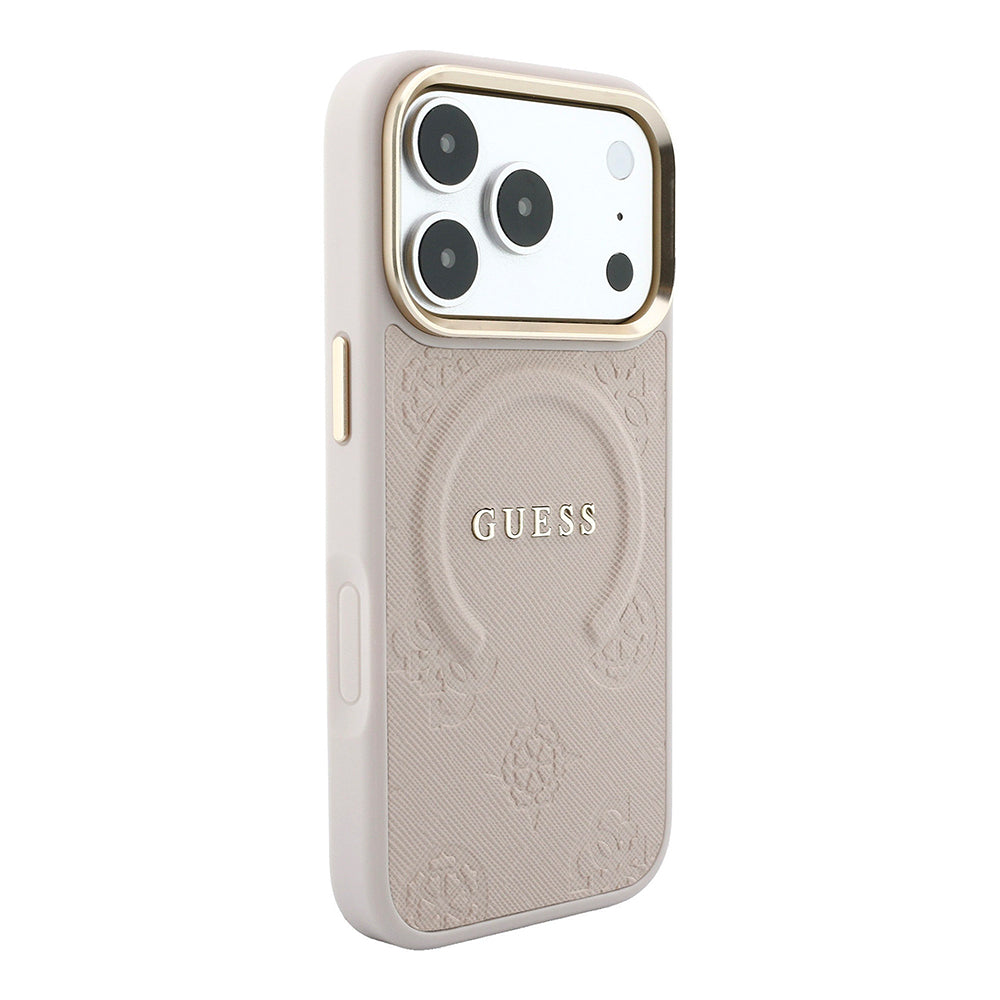 Apple iPhone 18 Pro Max Kılıf Guess Orjinal Lisanslı M-safe Şarj Özellikli Sıcak Baskılı Yazı Logolu C-Magnet PU Deri Peony Kapak Pembe