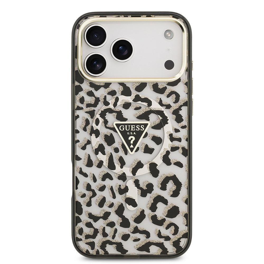 Apple iPhone 18 Pro Max Kılıf Guess Orjinal Lisanslı M-safe Şarj Özellikli Üçgen Logolu Simli Leopar Desenli Kapak Siyah