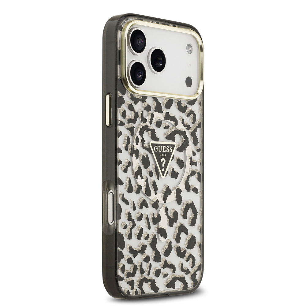 Apple iPhone 18 Pro Max Kılıf Guess Orjinal Lisanslı M-safe Şarj Özellikli Üçgen Logolu Simli Leopar Desenli Kapak Siyah