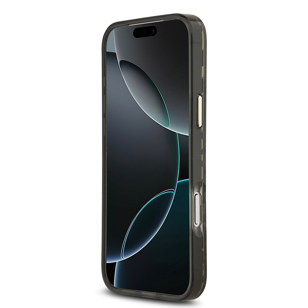 Apple iPhone 18 Pro Max Kılıf Guess Orjinal Lisanslı M-safe Şarj Özellikli Üçgen Logolu Simli Leopar Desenli Kapak Siyah