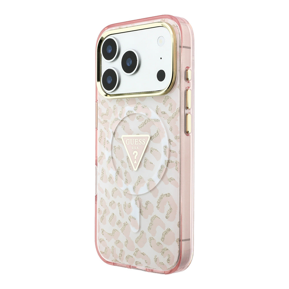 Apple iPhone 18 Pro Max Kılıf Guess Orjinal Lisanslı M-safe Şarj Özellikli Üçgen Logolu Simli Leopar Desenli Kapak Pembe