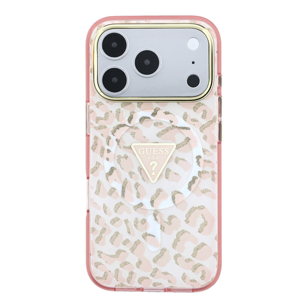 Apple iPhone 18 Pro Max Kılıf Guess Orjinal Lisanslı M-safe Şarj Özellikli Üçgen Logolu Simli Leopar Desenli Kapak Pembe