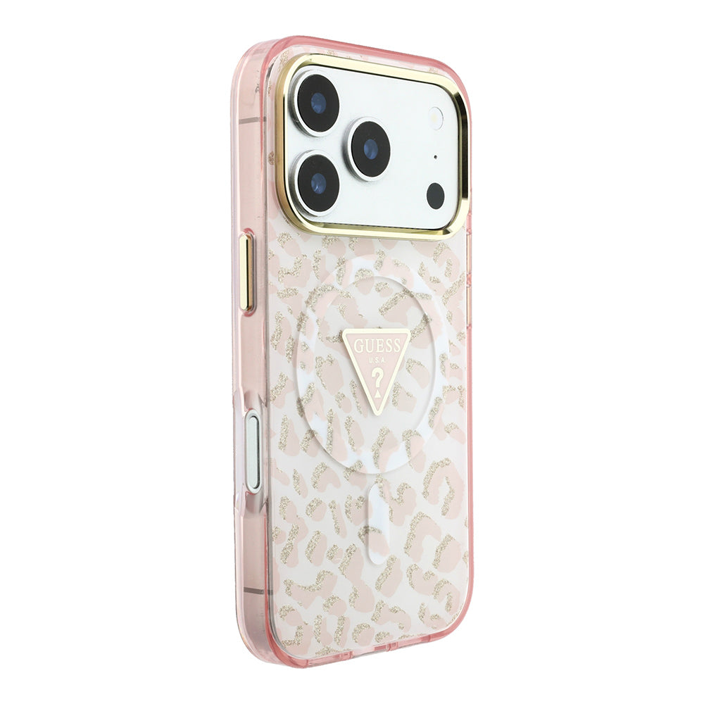 Apple iPhone 18 Pro Max Kılıf Guess Orjinal Lisanslı M-safe Şarj Özellikli Üçgen Logolu Simli Leopar Desenli Kapak Pembe