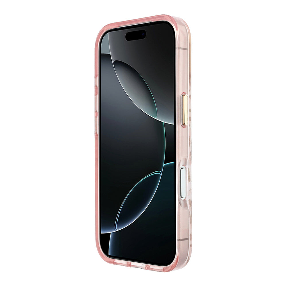 Apple iPhone 18 Pro Max Kılıf Guess Orjinal Lisanslı M-safe Şarj Özellikli Üçgen Logolu Simli Leopar Desenli Kapak Pembe