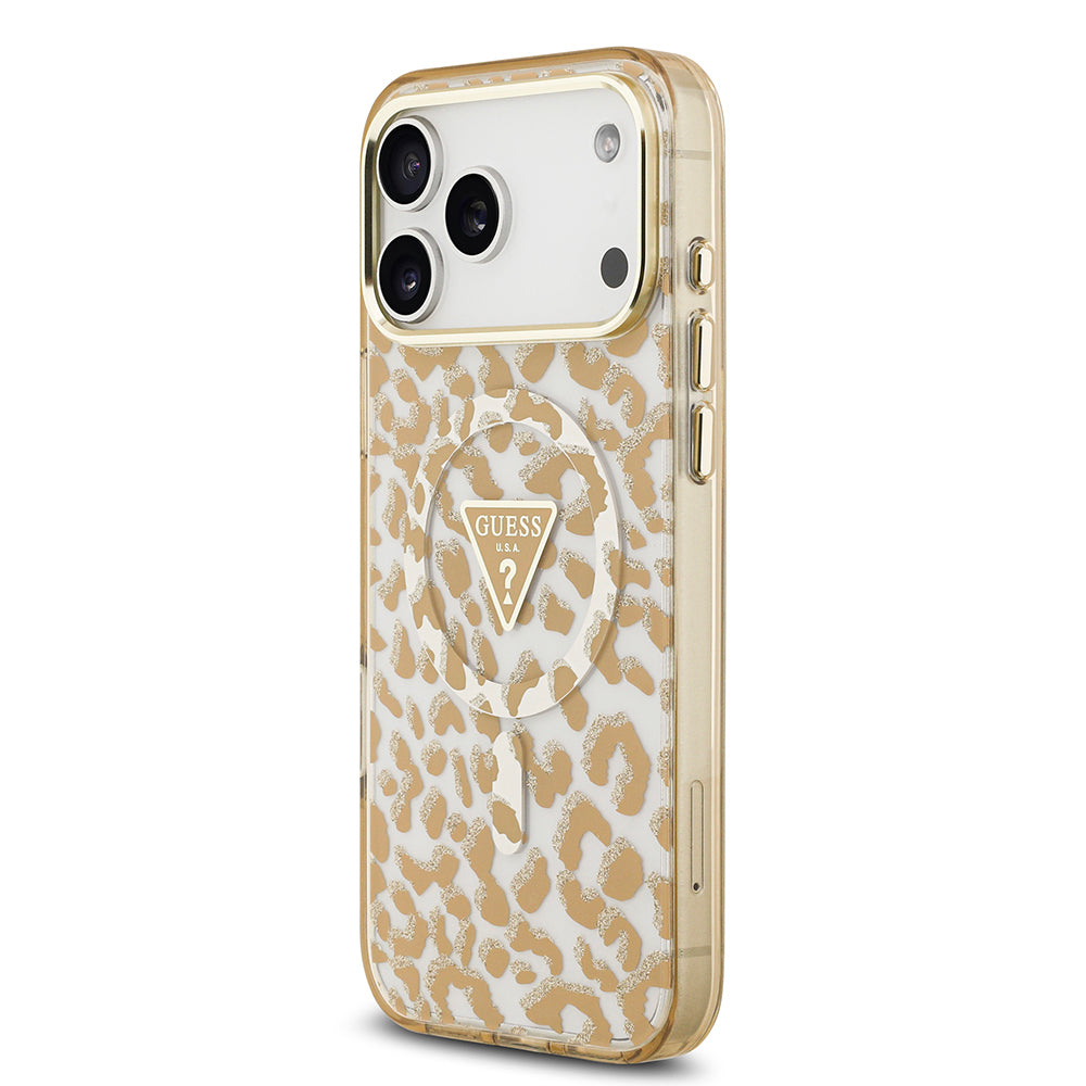 Apple iPhone 18 Pro Max Kılıf Guess Orjinal Lisanslı M-safe Şarj Özellikli Üçgen Logolu Simli Leopar Desenli Kapak Kahverengi