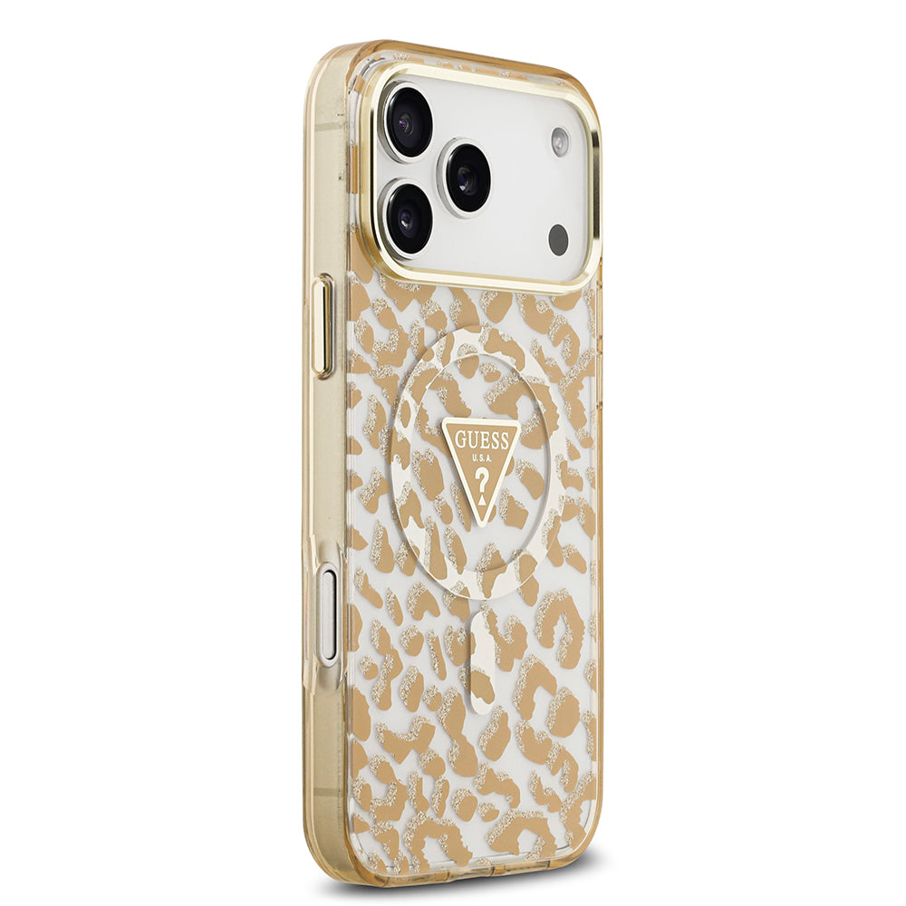 Apple iPhone 18 Pro Max Kılıf Guess Orjinal Lisanslı M-safe Şarj Özellikli Üçgen Logolu Simli Leopar Desenli Kapak Kahverengi