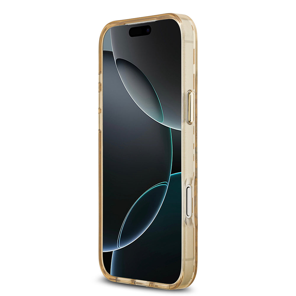 Apple iPhone 18 Pro Max Kılıf Guess Orjinal Lisanslı M-safe Şarj Özellikli Üçgen Logolu Simli Leopar Desenli Kapak Kahverengi