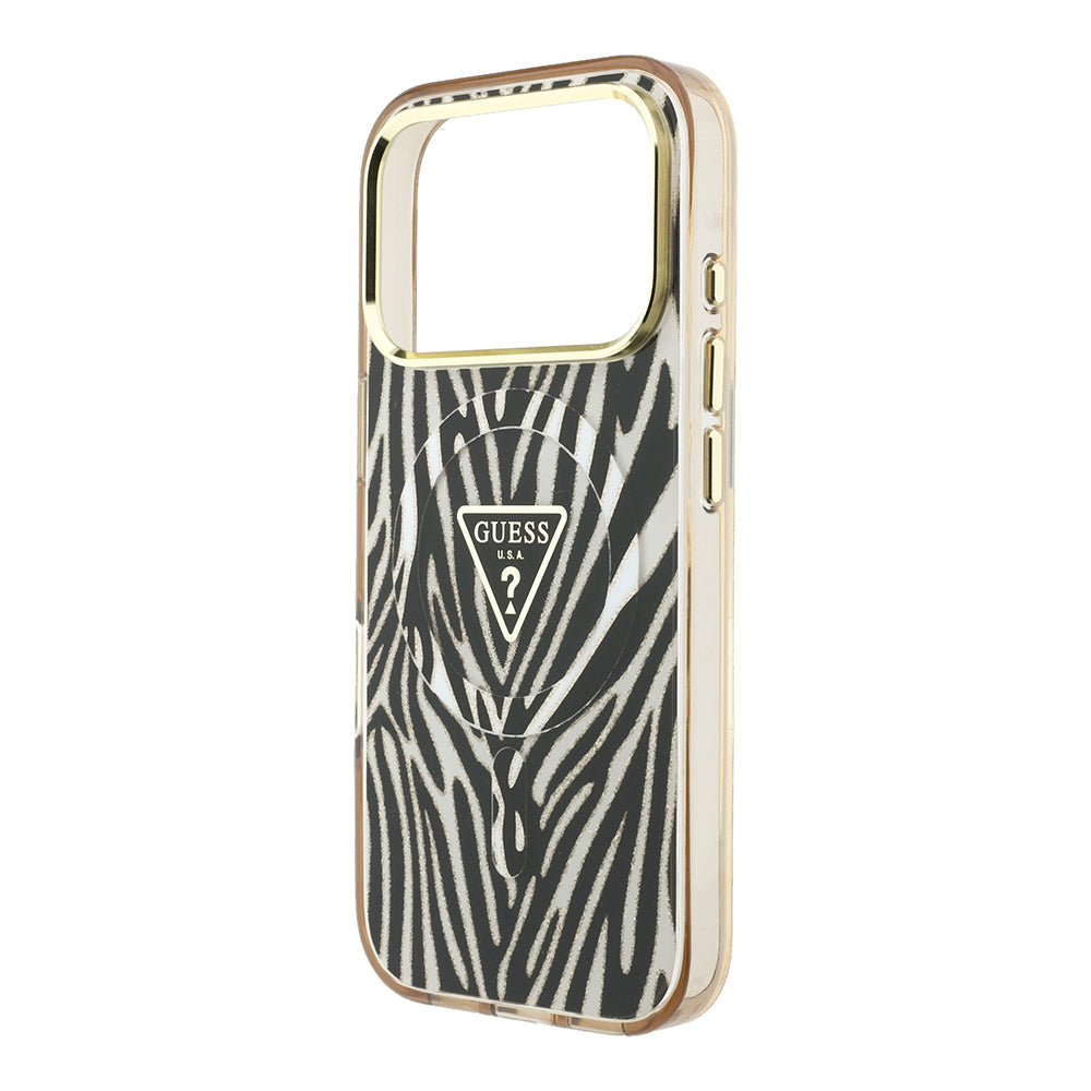 Apple iPhone 18 Pro Max Kılıf Guess Orjinal Lisanslı M-safe Şarj Özellikli Üçgen Logolu Zebra Desenli Silikon Kapak Gold