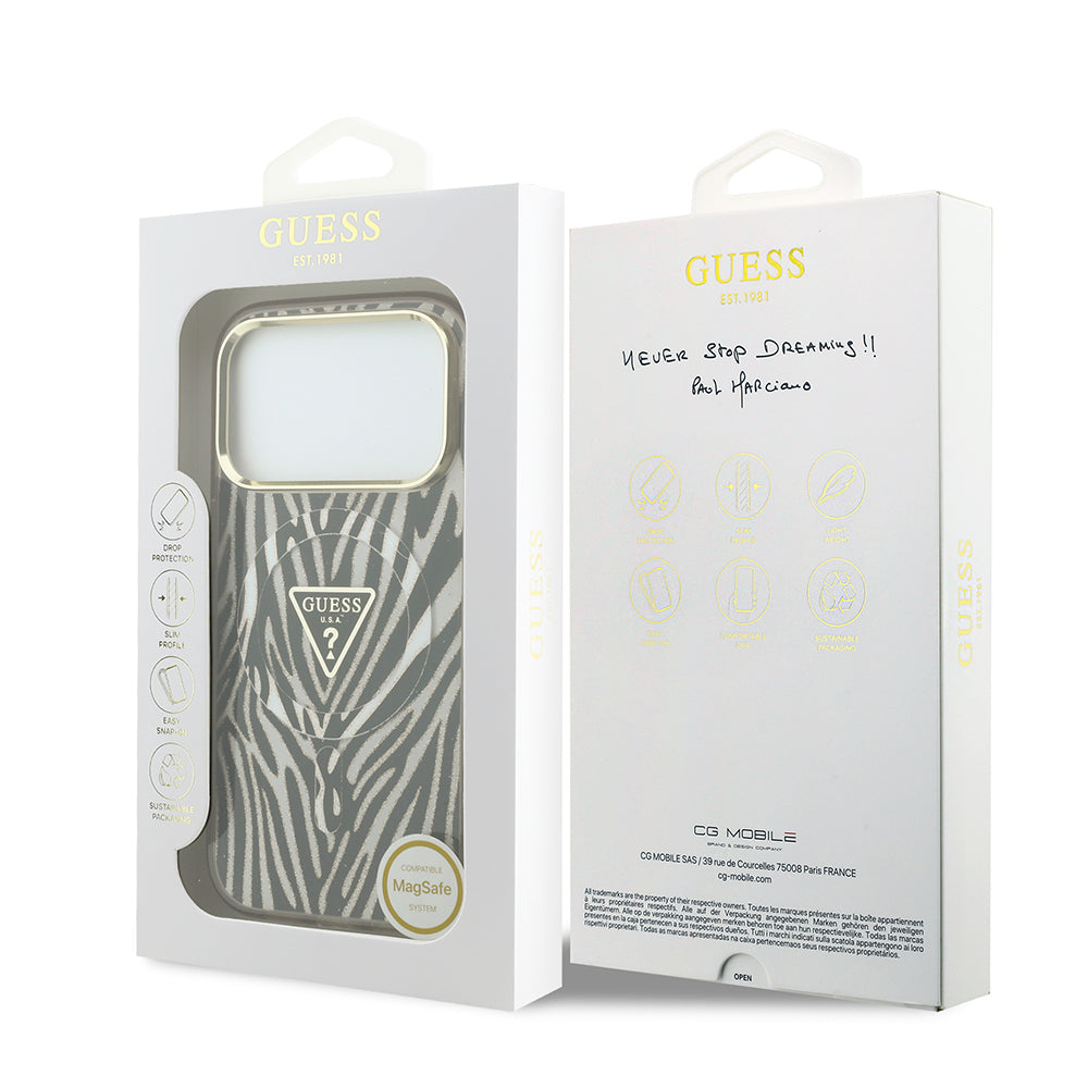 Apple iPhone 18 Pro Max Kılıf Guess Orjinal Lisanslı M-safe Şarj Özellikli Üçgen Logolu Zebra Desenli Silikon Kapak Gold