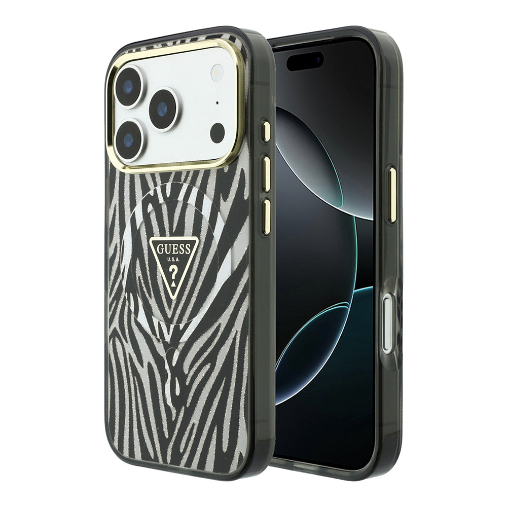 Apple iPhone 18 Pro Max Kılıf Guess Orjinal Lisanslı M-safe Şarj Özellikli Üçgen Logolu Zebra Desenli Silikon Kapak Gümüş