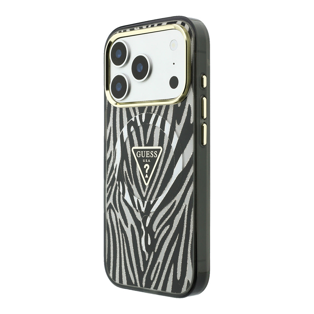 Apple iPhone 18 Pro Max Kılıf Guess Orjinal Lisanslı M-safe Şarj Özellikli Üçgen Logolu Zebra Desenli Silikon Kapak Gümüş