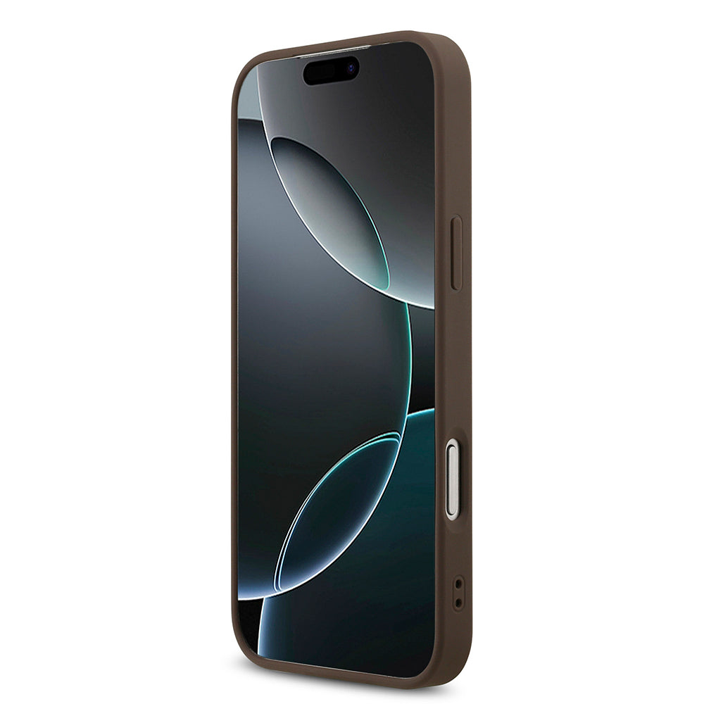 Apple iPhone 18 Pro Max Kılıf Guess Orjinal Lisanslı M-safe Şarj Özllikli PU Deri Taşlı Üçgen Logo 4G Desenli Strass Kapak Kahverengi