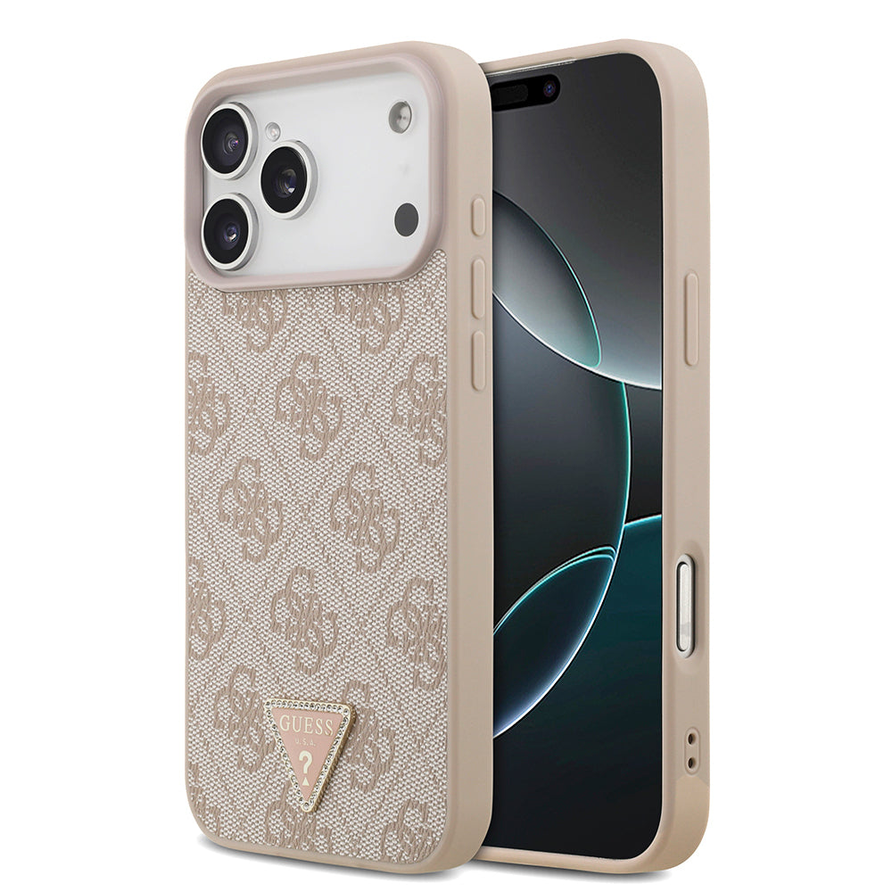 Apple iPhone 18 Pro Max Kılıf Guess Orjinal Lisanslı M-safe Şarj Özllikli PU Deri Taşlı Üçgen Logo 4G Desenli Strass Kapak Pembe