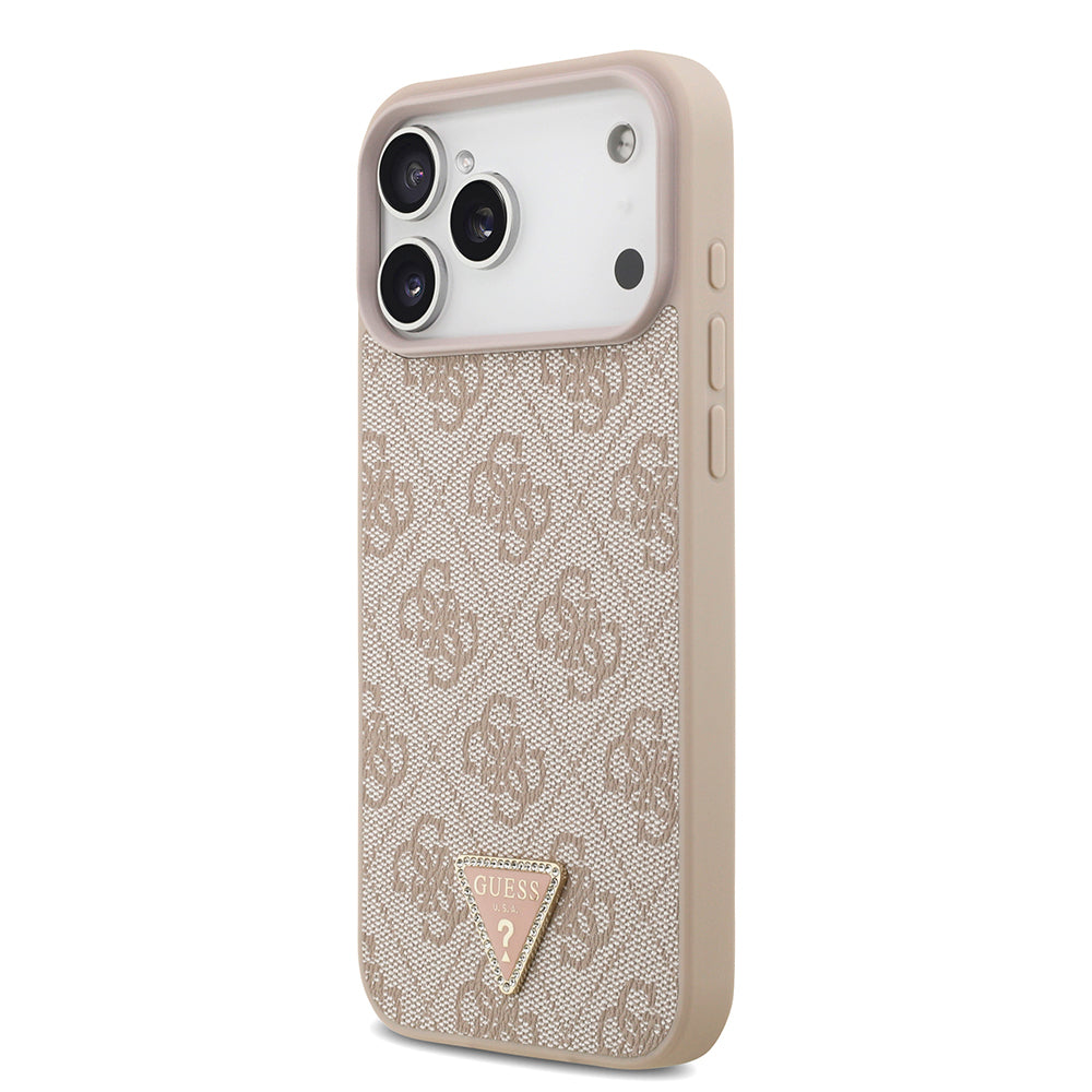 Apple iPhone 18 Pro Max Kılıf Guess Orjinal Lisanslı M-safe Şarj Özllikli PU Deri Taşlı Üçgen Logo 4G Desenli Strass Kapak Pembe