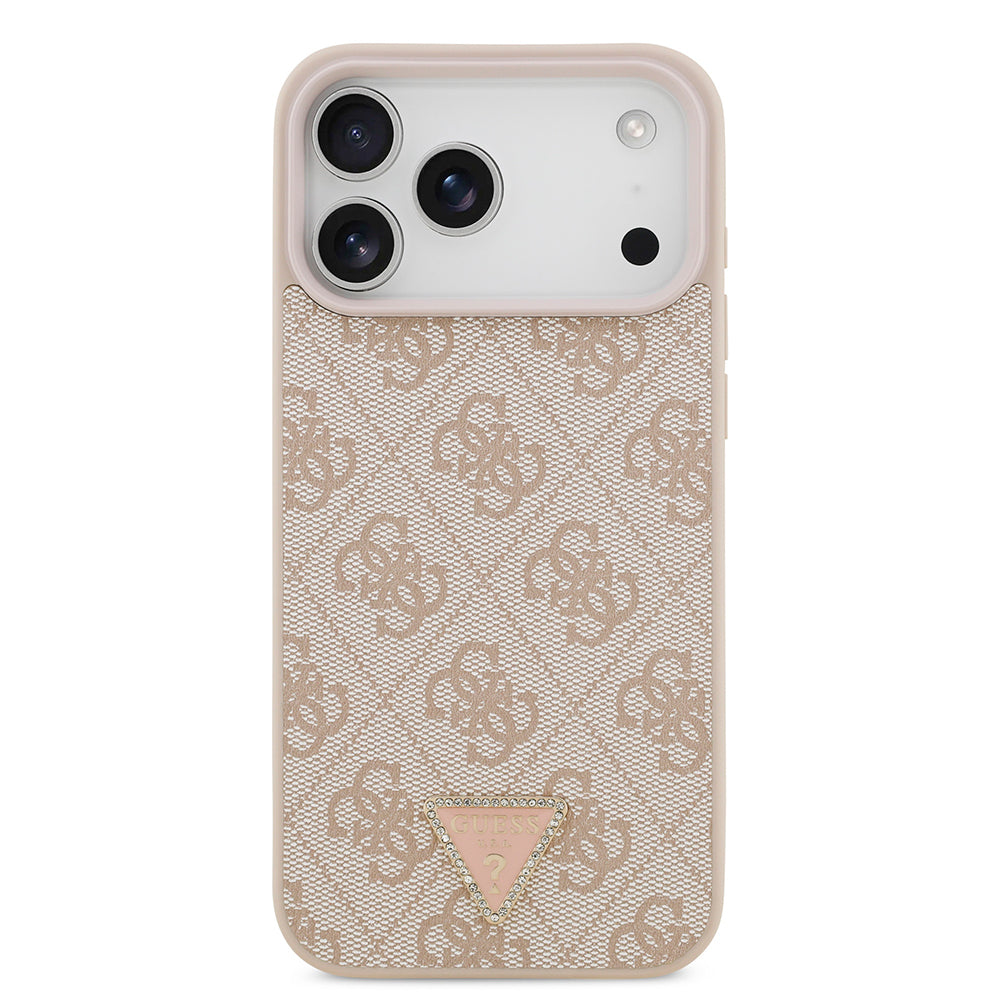 Apple iPhone 18 Pro Max Kılıf Guess Orjinal Lisanslı M-safe Şarj Özllikli PU Deri Taşlı Üçgen Logo 4G Desenli Strass Kapak Pembe