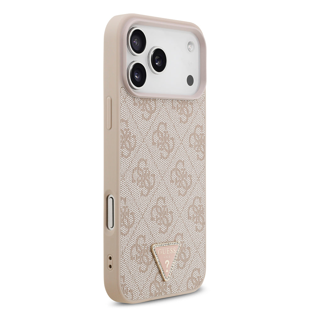 Apple iPhone 18 Pro Max Kılıf Guess Orjinal Lisanslı M-safe Şarj Özllikli PU Deri Taşlı Üçgen Logo 4G Desenli Strass Kapak Pembe