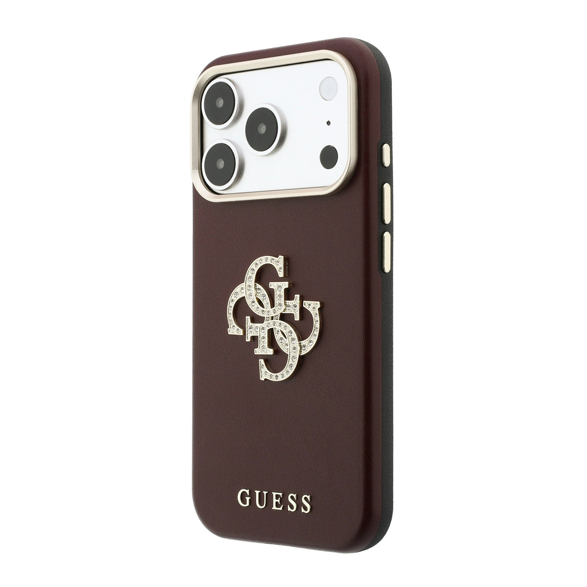 Apple iPhone 18 Pro Max Kılıf Guess Orjinal Lisanslı Metal Kamera Çerçeveli 4G Büyük Taşlı Resin Logolu PU Kapak Bordo