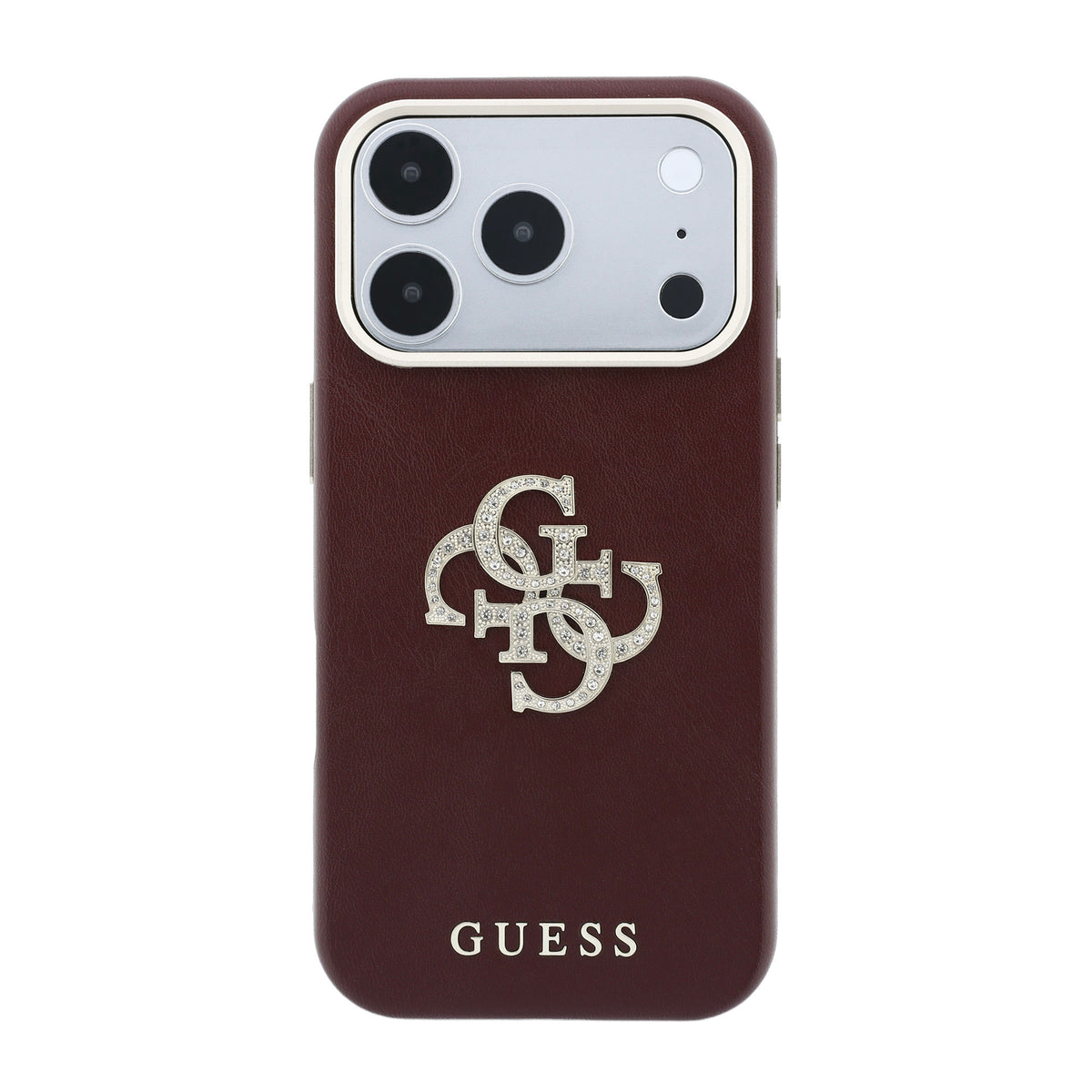 Apple iPhone 18 Pro Max Kılıf Guess Orjinal Lisanslı Metal Kamera Çerçeveli 4G Büyük Taşlı Resin Logolu PU Kapak Bordo
