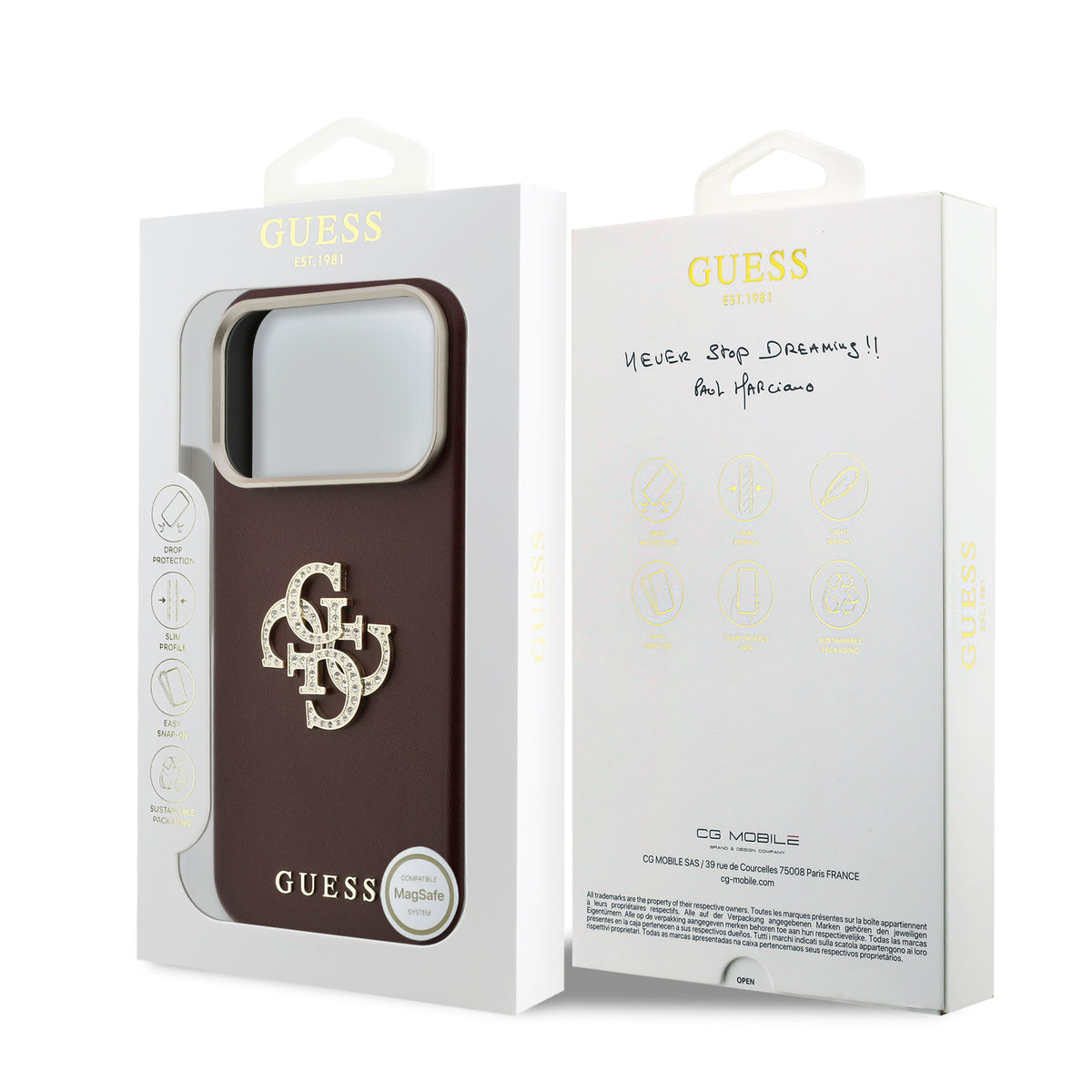 Apple iPhone 18 Pro Max Kılıf Guess Orjinal Lisanslı Metal Kamera Çerçeveli 4G Büyük Taşlı Resin Logolu PU Kapak Bordo
