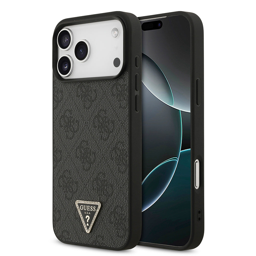 Apple iPhone 18 Pro Max Kılıf Guess Orjinal Lisanslı PU Deri Taşlı Üçgen Logo 4G Desenli Strass Kapak Siyah