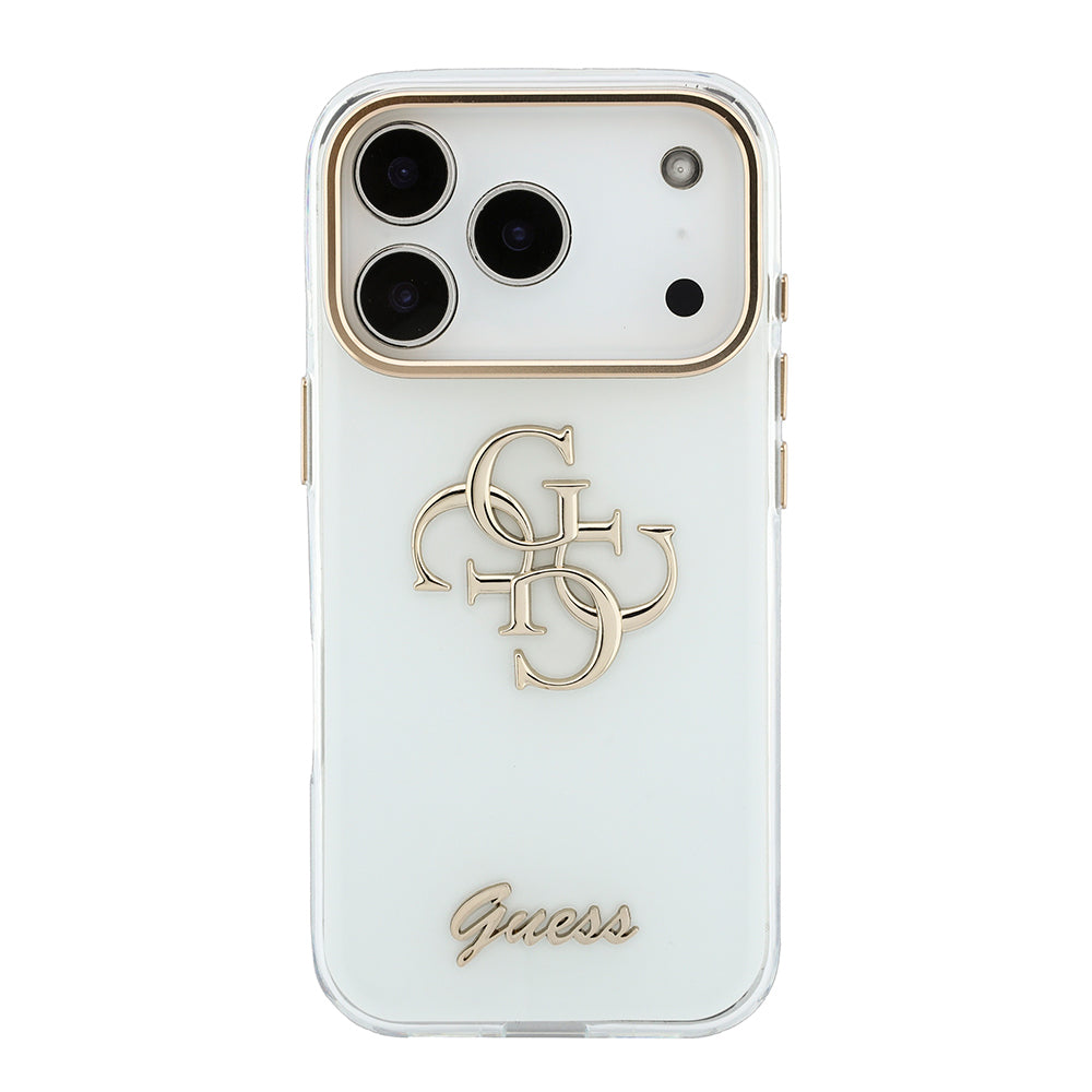 Apple iPhone 18 Pro Max Kılıf Guess Orjinal Lisanslı Yazı ve 4G Büyük Metal Logolu Silikon Kapak Beyaz
