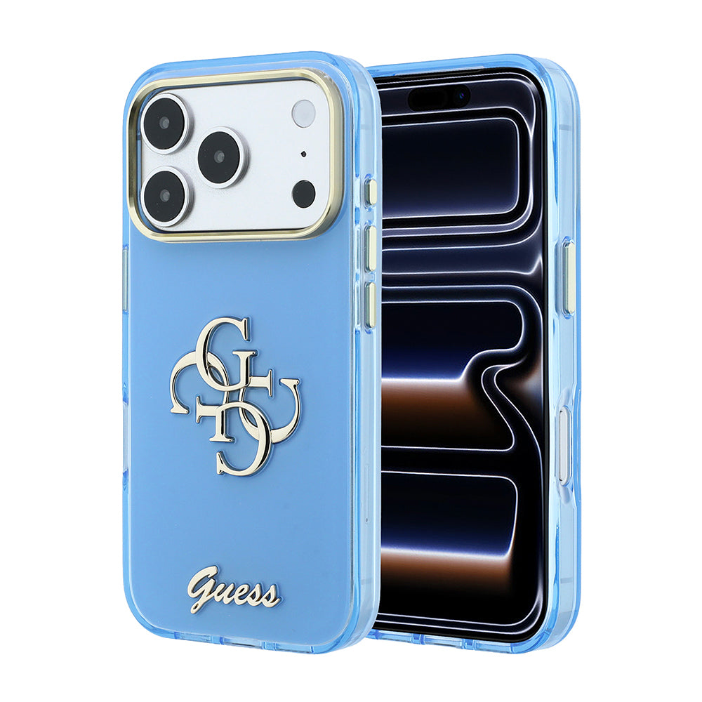 Apple iPhone 18 Pro Max Kılıf Guess Orjinal Lisanslı Yazı ve 4G Büyük Metal Logolu Silikon Kapak Açık Mavi