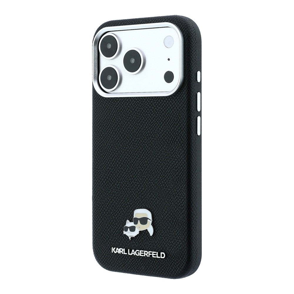 Apple iPhone 18 Pro Max Kılıf Karl Lagerfeld Orjinal Lisanslı M-Safe Şarj Özellikli K&C Heads Metal Logolu PU Kapak Siyah