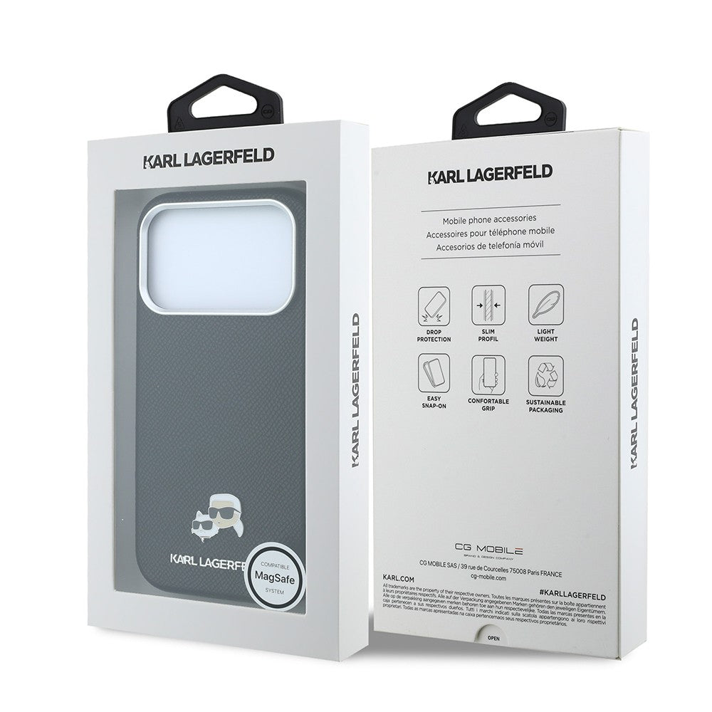Apple iPhone 18 Pro Max Kılıf Karl Lagerfeld Orjinal Lisanslı M-Safe Şarj Özellikli K&C Heads Metal Logolu PU Kapak Siyah